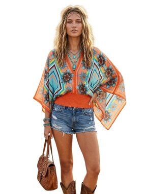 Vintage Bebe Silk Scarf Butterfly Wing Boho Retro Kaftan Handkerchief  Top S M